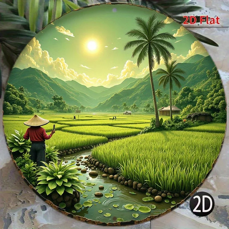 2D Flat - 1pc of an 8-Inch Round Aluminum Sign Featuring a Farmer in a Rice Field with Mountains And Sunlight, Suitable for Holi