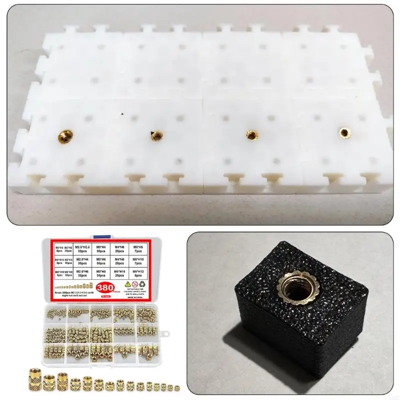 N58C 380PCS DRAAP -inzetstukken 2/2.5/3/4/5/6 mm metrische metrische gekartel moer inbeddingsmoer voor het afdrukken 3D
