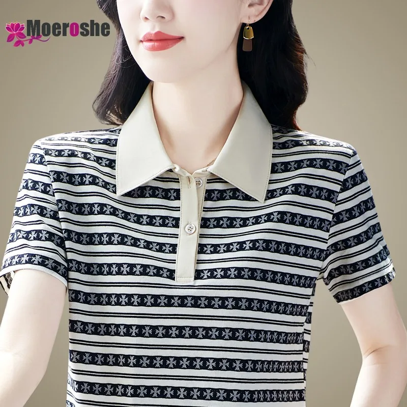 

Women's Striped Short Sleeve Polo Shirt T-shirt 2024 New New Golf Wear Ladies Clothes Shirts Elegant Woman Summer T-shirts Tops