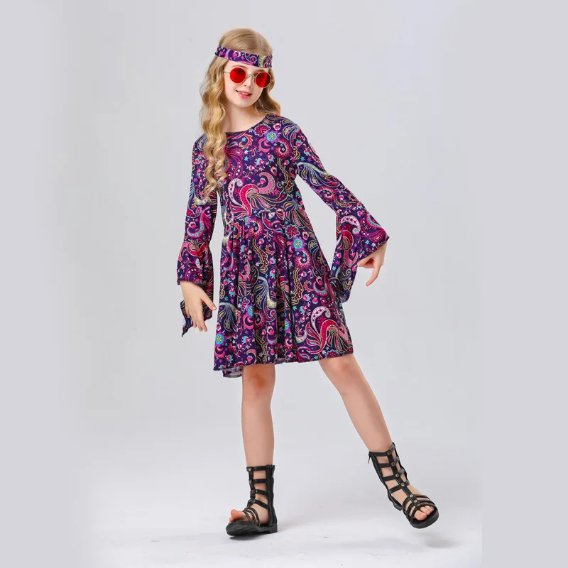 

Halloween Children Funny Cosplay Costume Hip Hop Vintage Design Print Disco Hippie Dress Sets Girl Stage Flare Sleeve Clothes