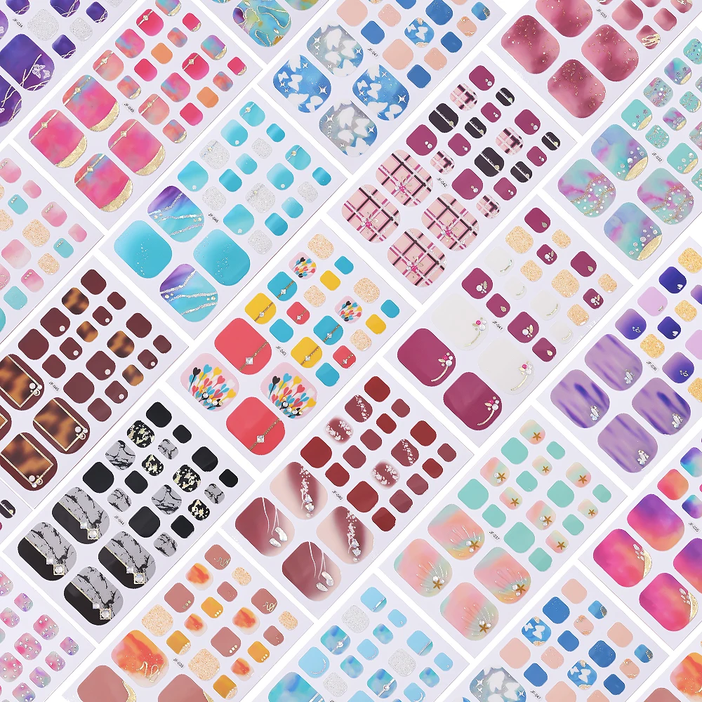 22 tips/pc Self-designed Multi-style Colorful Toe Nail Stickers, Adhesive,Gradient/Marble/Butterfly 3D Summer Foot Nail Stickers