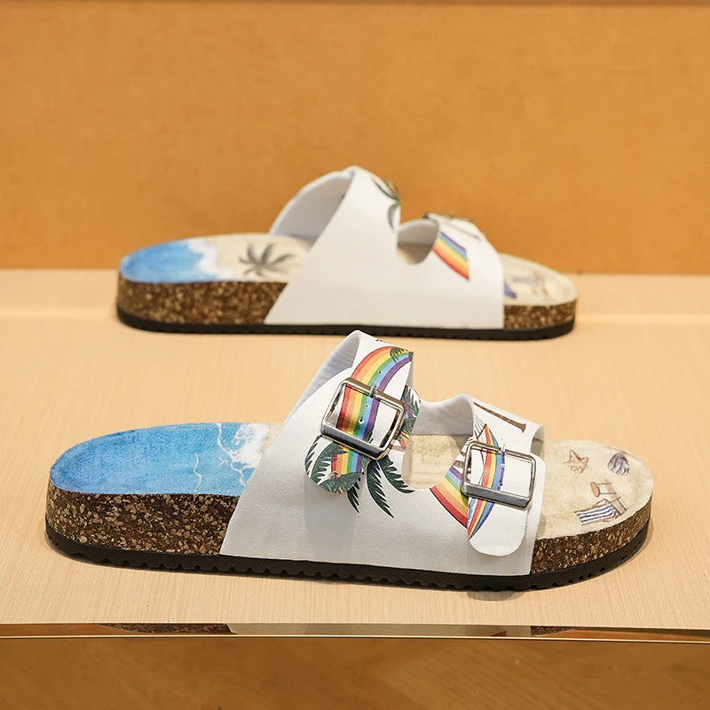 Men's Sandals Fashionable Artificial Leather Double Buckle With Cork Retro Open Toe Comfortable Flat Heel Women's Beach Slippers