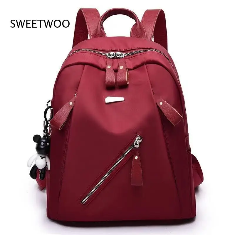 Ladies Fashion Backpack Smooth Fabric Multi Zipper Design Cute Doll Ornament Pendant Lightweight Practical Rucksack