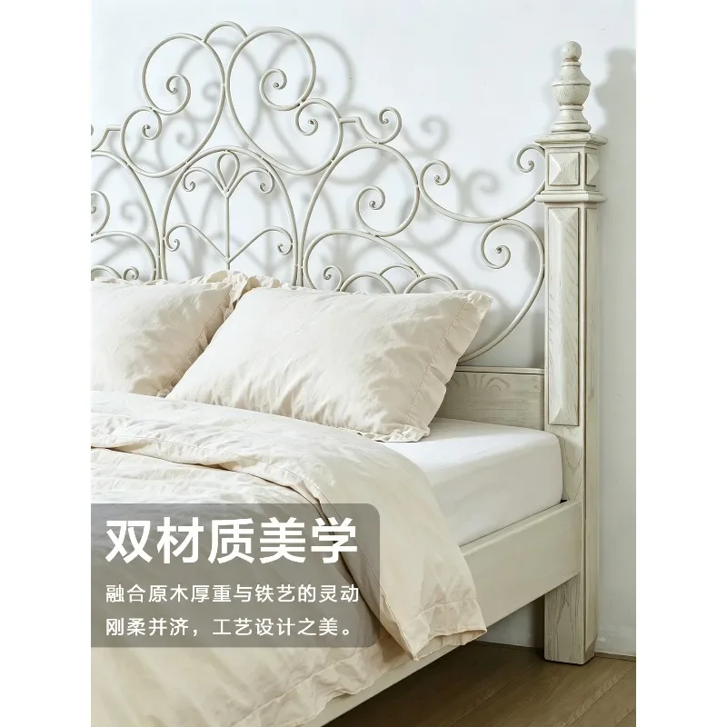 French vintage wrought iron solid wood bed, master bedroom double bed, white vintage French country four-pillar ironwood king