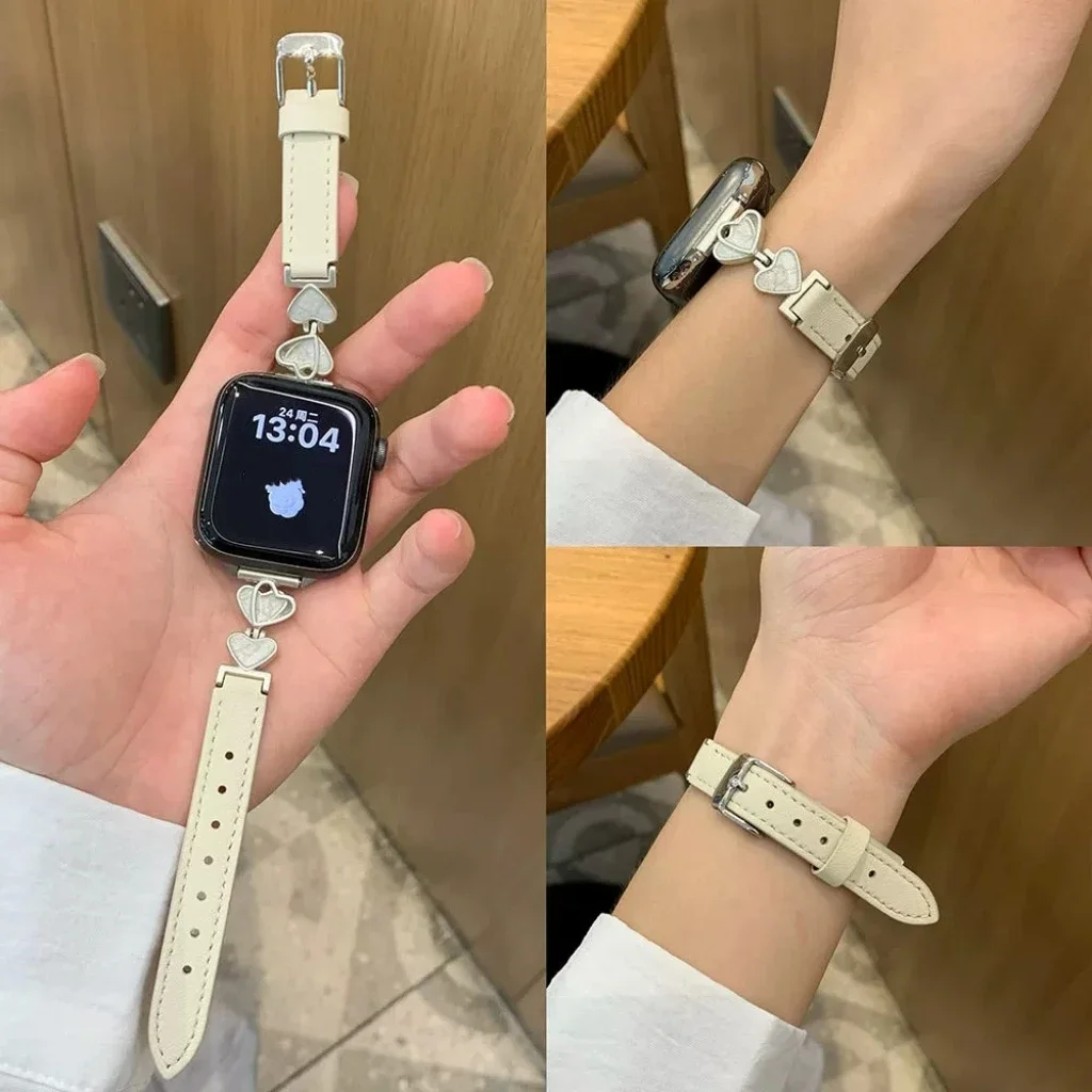 Отличная кожаная петля в форме сердца для Apple Watch, женский ремешок 10/9/8/7/6/5/4/3 SE, 38 мм, 40 мм, 41 мм, 42 мм, 44 мм, 45 мм, 46 мм, 49 мм, ремешок