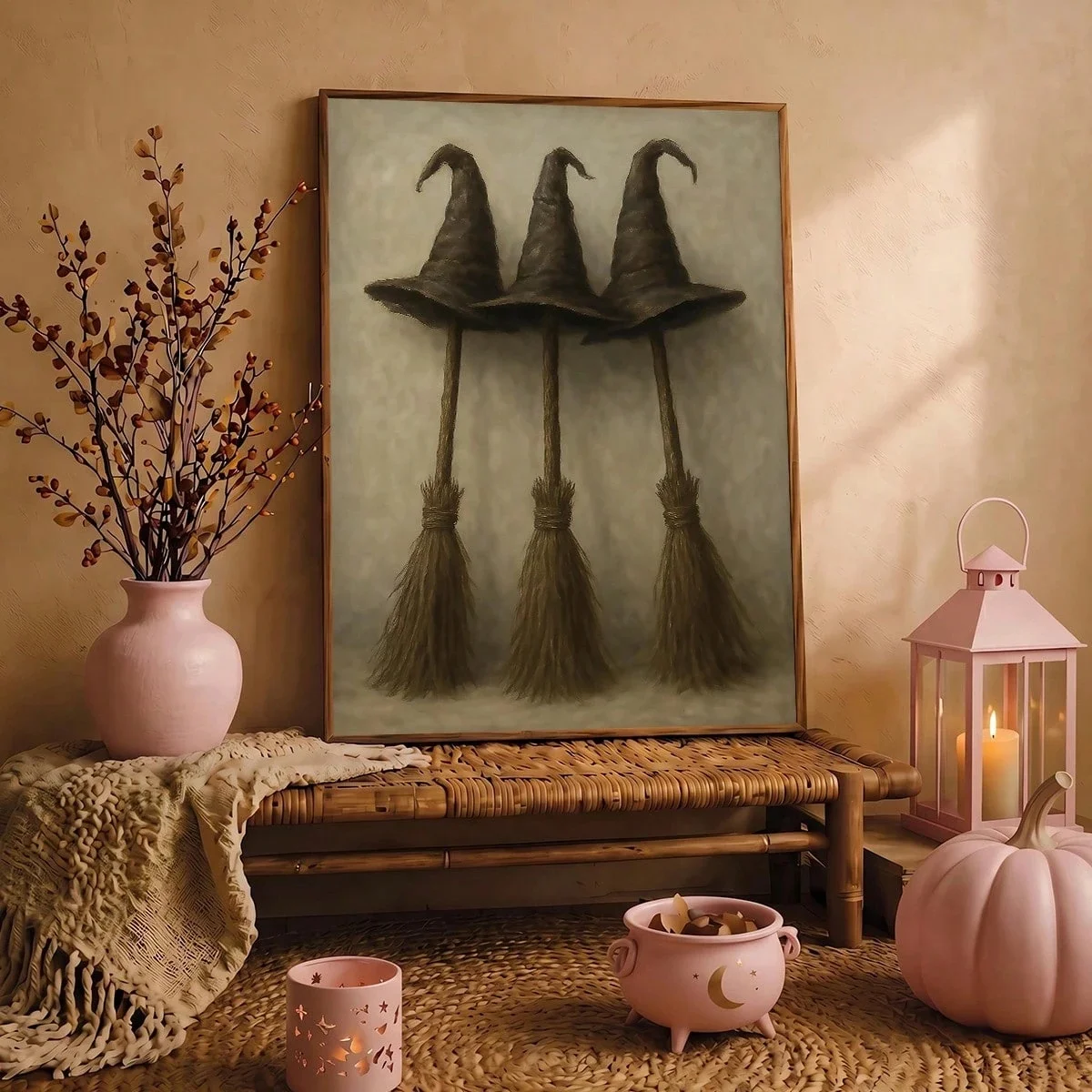 Vintage Witch Hats Broomsticks Canvas Print Poster Gothic Spooky Moody Academia Art Prints Bedroom Halloween Wall Art Home Decor
