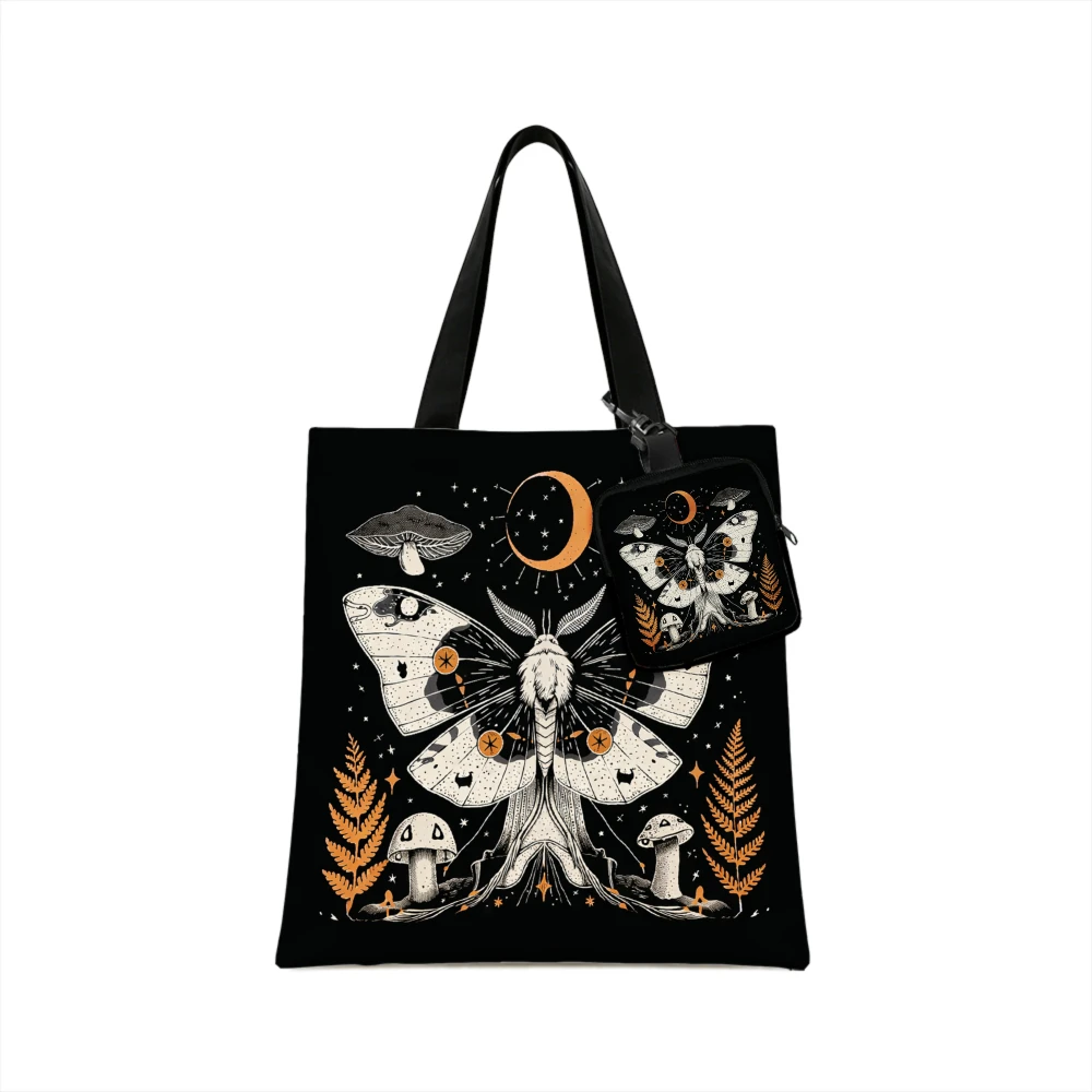 Black Moth Mushroom Fern And Moon Coin Purse Handbag Tote Bags and Storage Bag Mini Pouch for Daily 10X10cm And 40X40cm