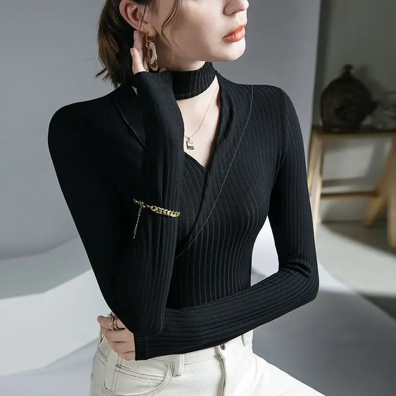 Elegant Fashion Hollow Halter Solid Color All-match Long Sleeve Tops Sexy Slim Spliced Knitted Sweaters Jumpers Women\'s Clothing