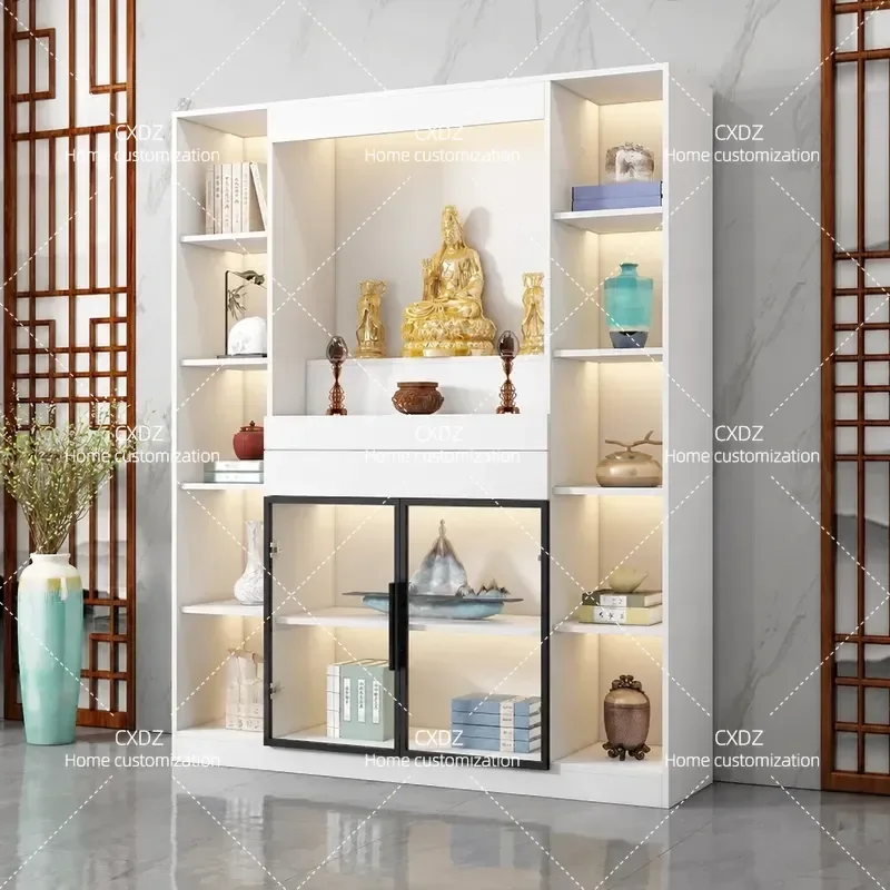 Modern Simple Glass Door Buddhist Shrine Cabinet Living Room Household Altar Table for Bodhisattva Statue Fortune Display