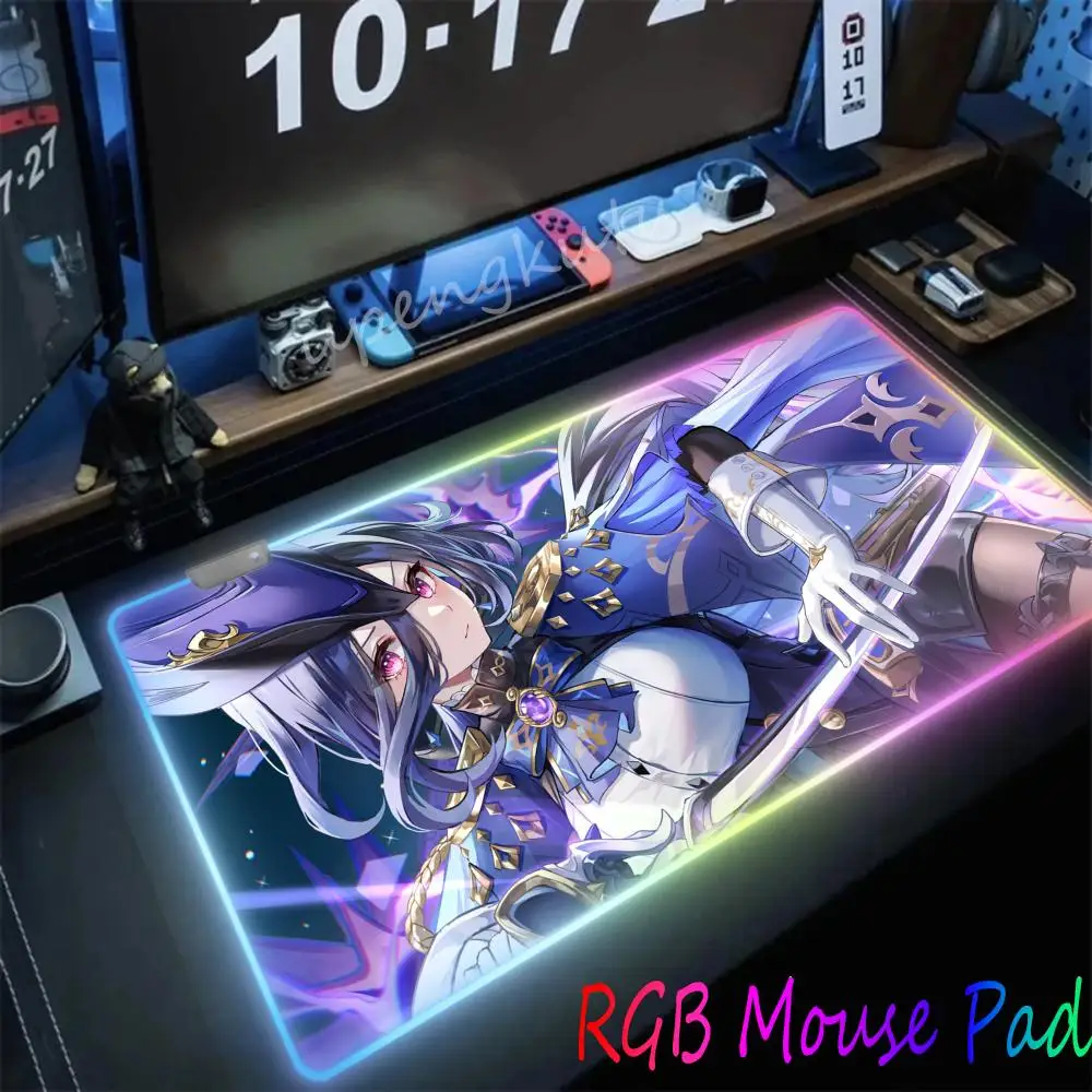 Genshin Impact Clorinde Mouse Pad RGB Gaming Mat Large like Keyboard Mat LED Light Desk Pad For HD printing Computer Laptop Pad