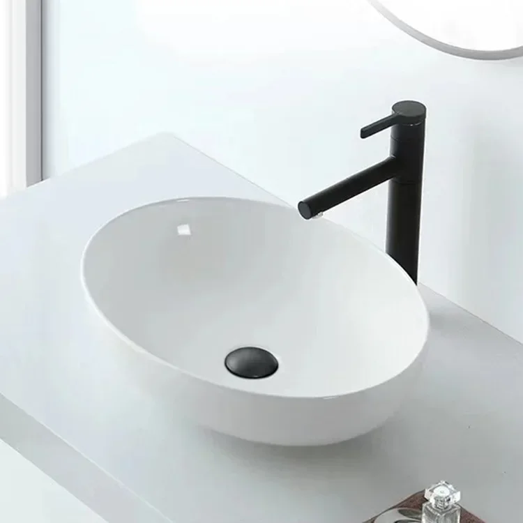 

Premium Black and white table wash basin household oval ceramic face tray single basin balcony