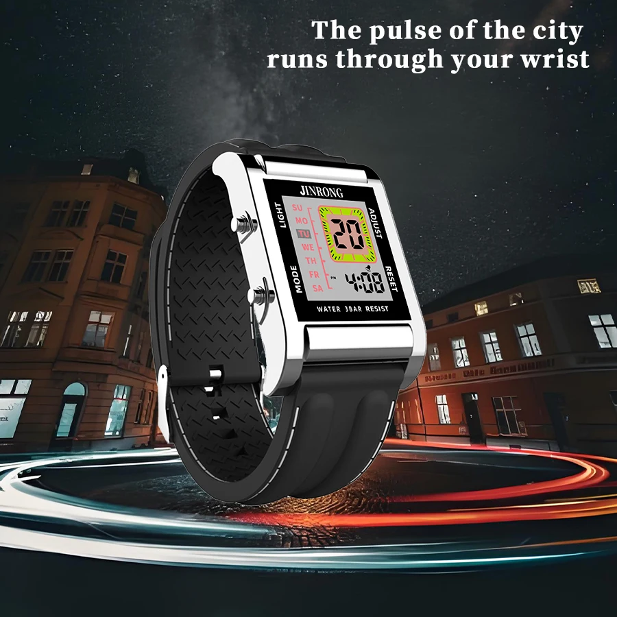 세련된 남성용 및 여성용 디지털 시계, 사각 다이얼 30M 방수 실리콘 스트랩 아연 합금 케이스 스톱워치=