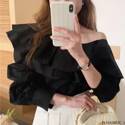 2023 New Hot Woman Chic Korea Japan Girls Sexy Shirts Blouses Retro White Black Layer Ruffles Off Shoulder Tops