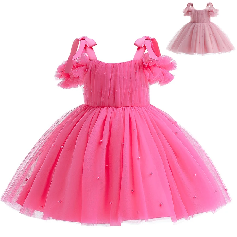 

New Fashion Flowers Girls Dress Summer Pearl Mesh Little Princess Dress Birthday Party Costume Gift 1-5 Years Baby Kids Clothes