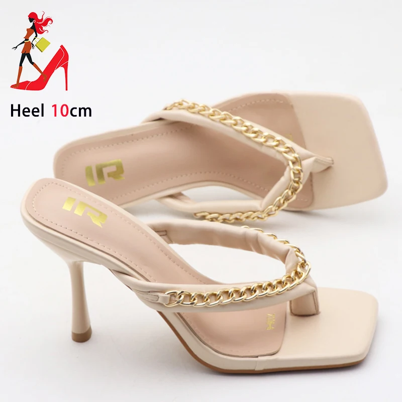 Ladies Square Toe Summer Shoes 10CM Outdoor High-heeled Sandals For Woman Chain Style Casual Clip Toe Slippers Black Flip Flops