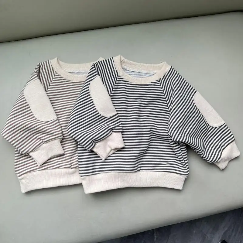 

2024 Autumn New Baby Long Sleeve Casual Striped Sweatshirt Toddler Loose Pullover Infant Boys Patch Sweatshirt Kids Tops