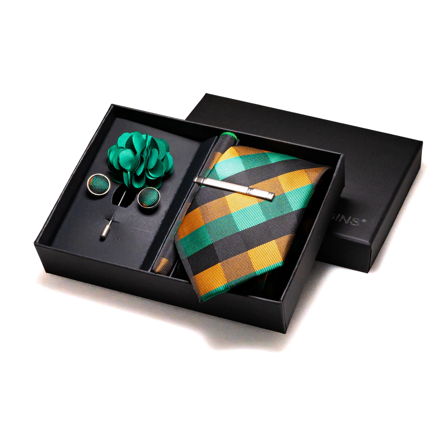 Luxury Dark Green Stripes Silk Ties for Men Wedding Accessories Mens Necktie Pocket Square Cufflinks Pin And Elegant Gift Box