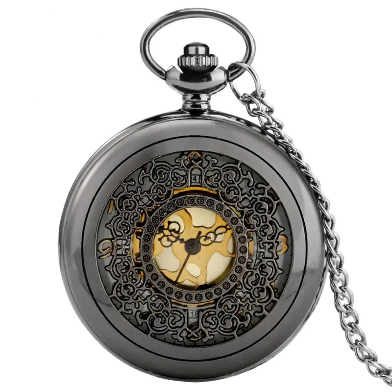 Retro preto oco denso acabamento de ouro elegante flores quartzo steampunk bolso relógio pingente fob corrente antigo bolso relógio presentes