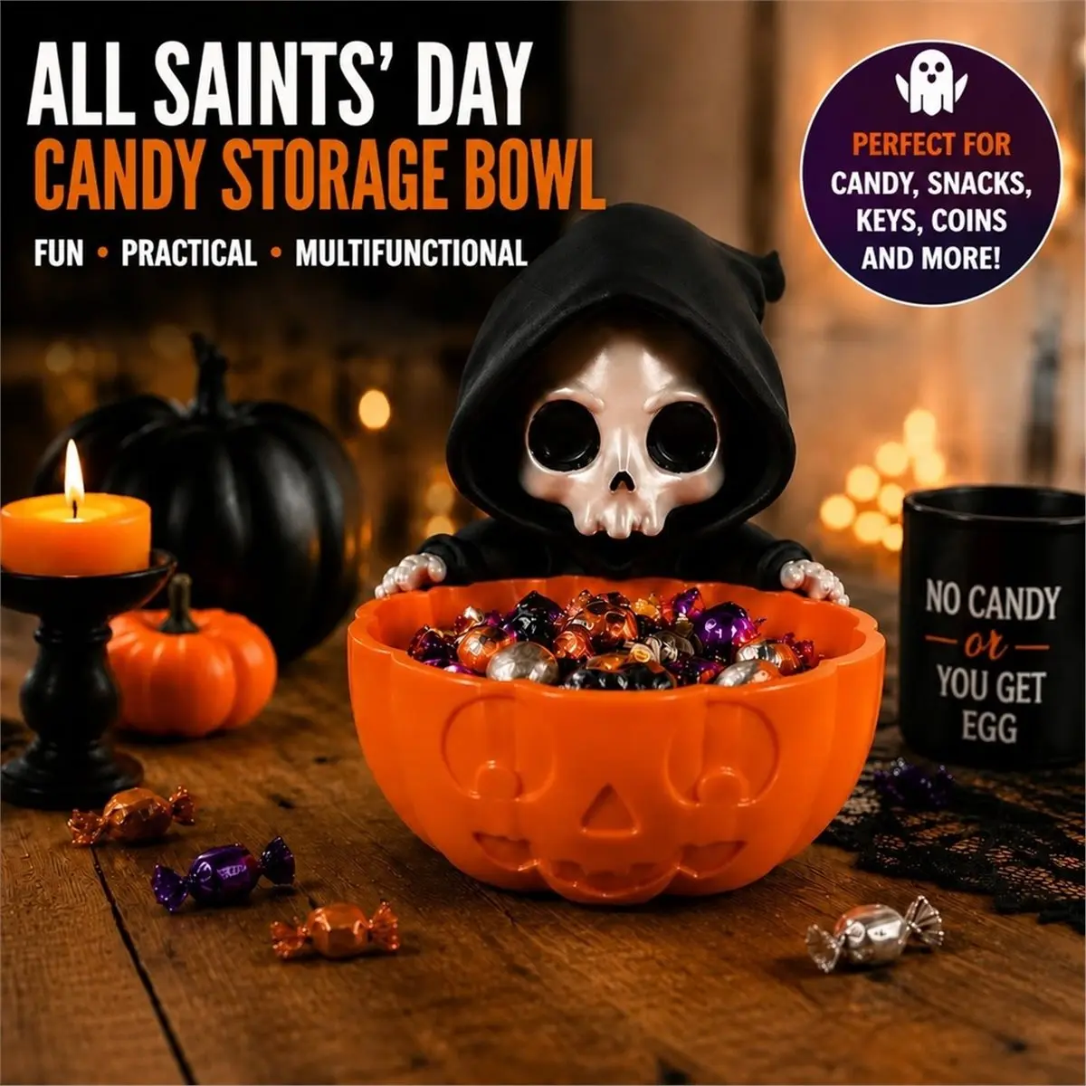 2026 New Tool 3D Printed Halloween Grim Reaper Candy Bowl Pumpkin Candy Storage Box Party Decoration Ornament Flower Pot