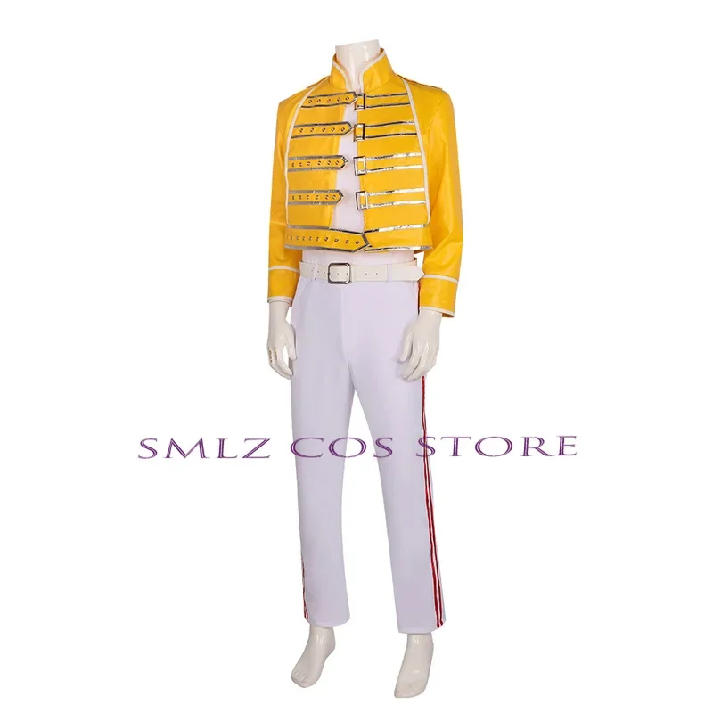Cos freddy Mercury Cosplay Aniem Queen Lead Vocals Costume giallo cappotto uniforme vestito Halloween Party Performance Outfit per uomo