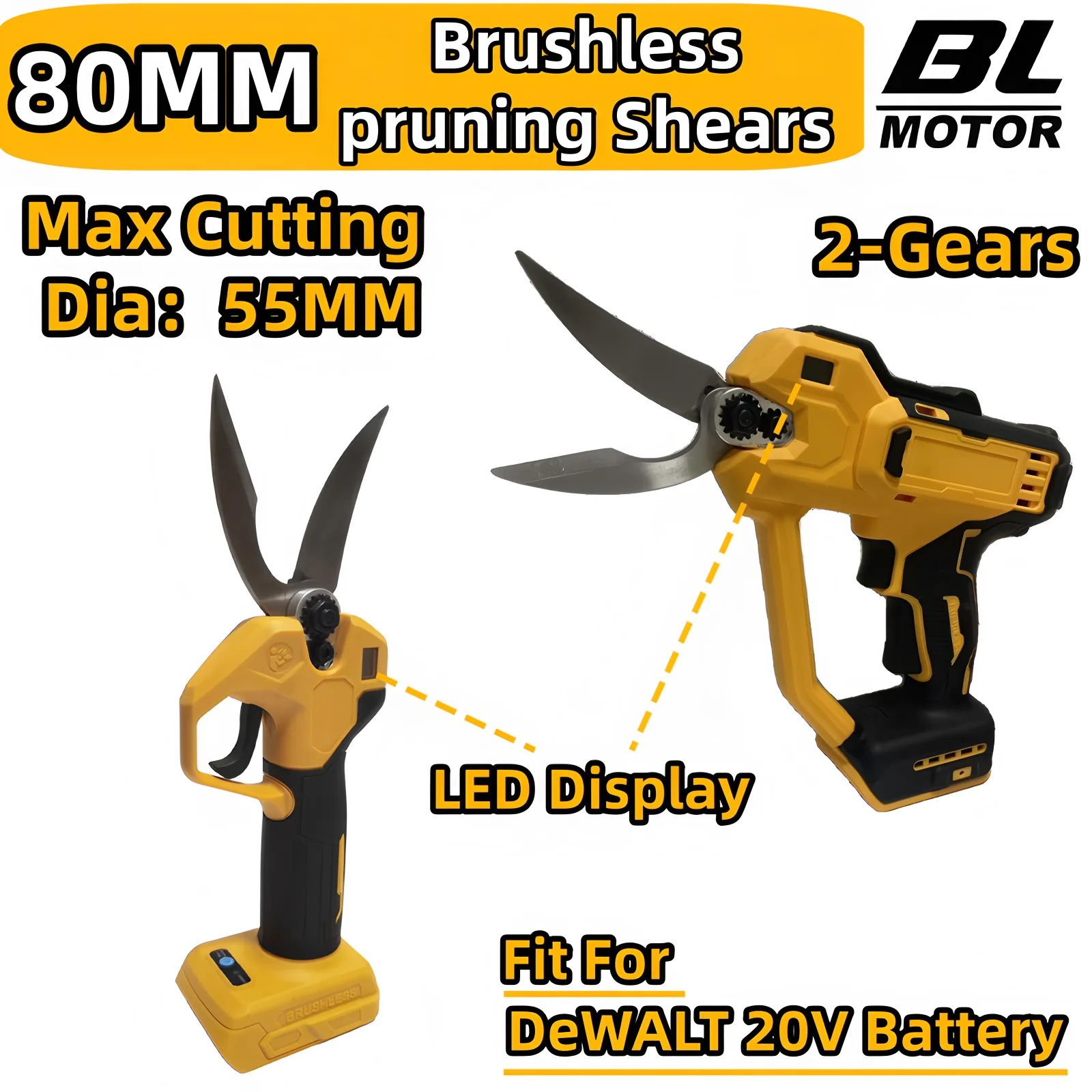 80MM Open Brushless Electric Pruning Shear Garden Tool Pruner With LED Display 2-Gears Garden Scissors Fit DeWALT 20V Battery