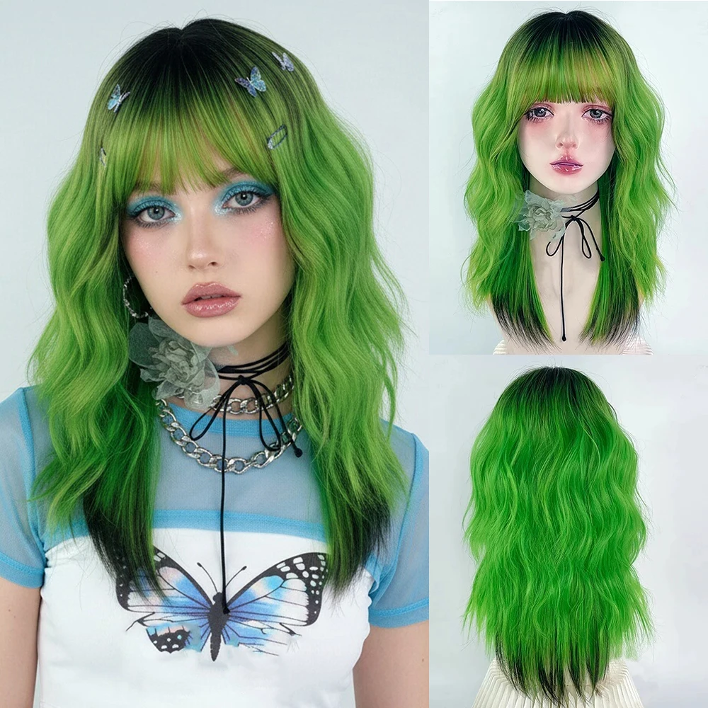 

Длинный кудрявый парик с градиентом зеленого цвета, с черными корнями и челкой, в стиле Y2K, реалистичные синтетические волосы для женщин, для повседневной носки и вечеринок