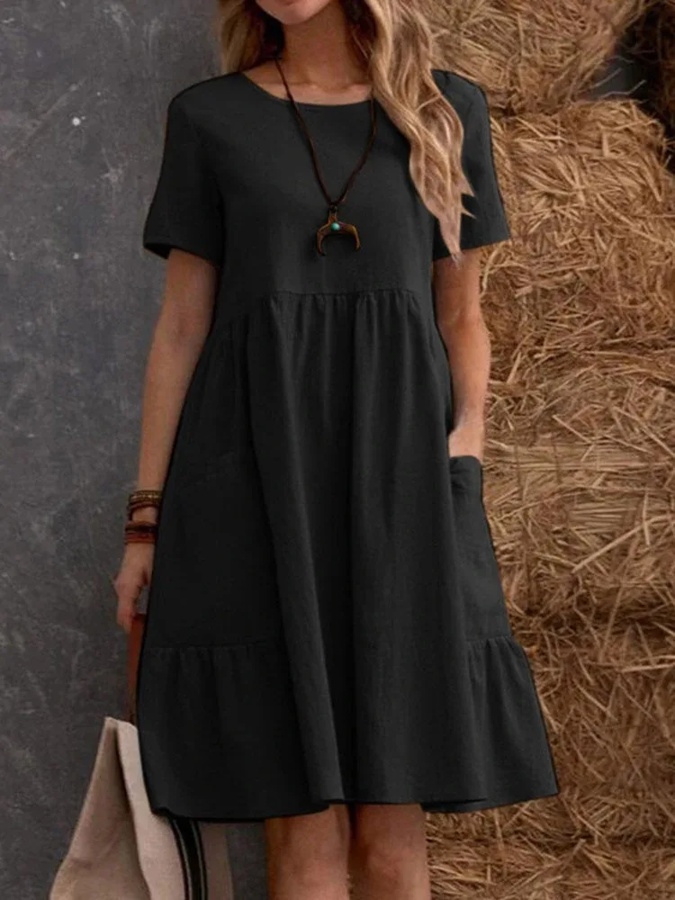 Vestido de linho de cor sólida na moda feminino manga curta o pescoço em camadas plissado midi vestido casual boheo para passeios diários e na praia