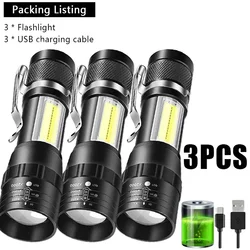 Portable Rechargeable LED Flashlight with Pen Clip Zoomable Waterproof Torch with Side Light Outdoor Camping Emergency Lantern