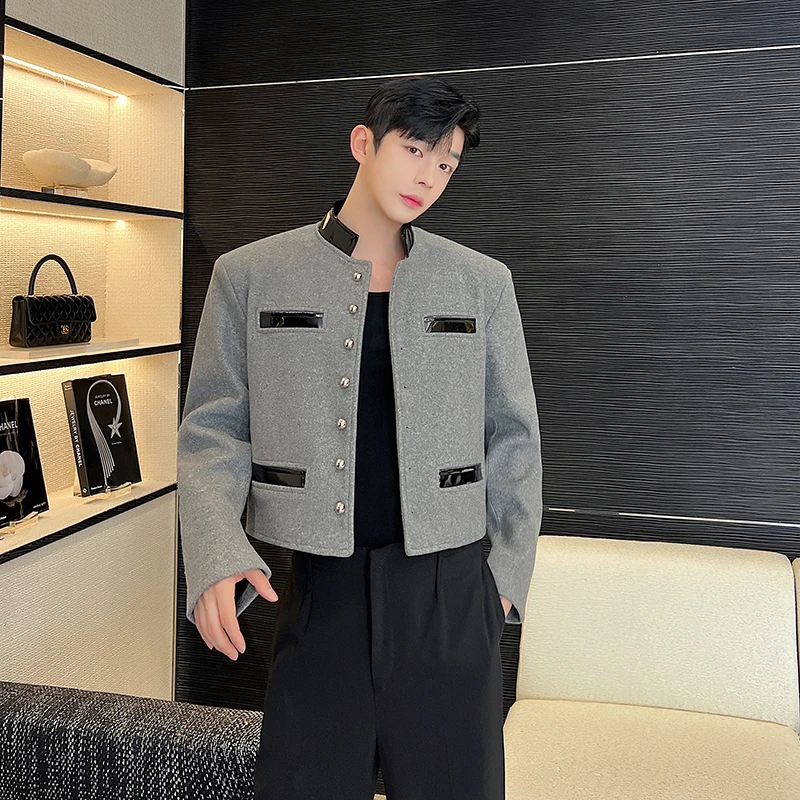 Vintage Men Jackets Woolen Patchwork PU Leather Stand Collar Button Long Sleeve Coats Fashion Temperament Casual Crop Outerwear