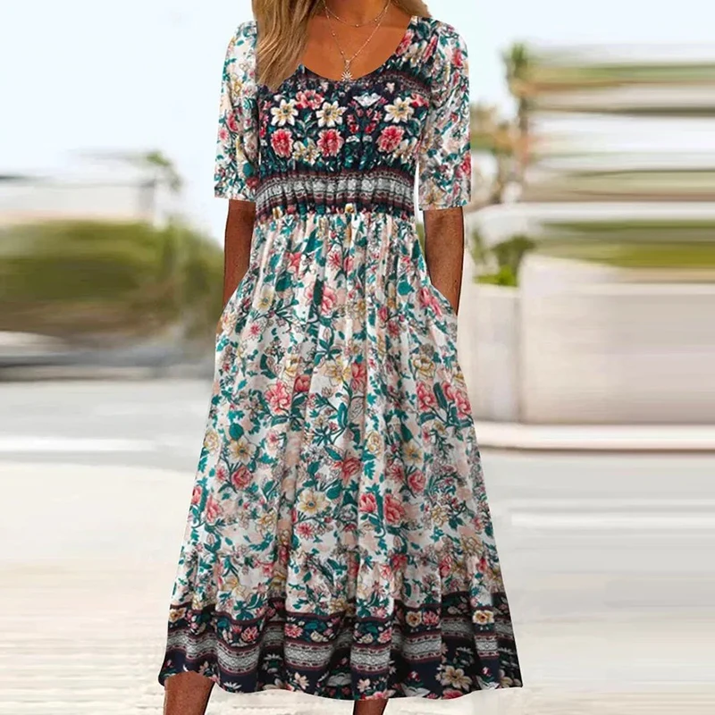 2024 Vintage Boho Stripe Print Women Sundress Summer Fashion V-Neck Short Sleeve Dress Elegant Ladies Midi Dress Femme Vestidos