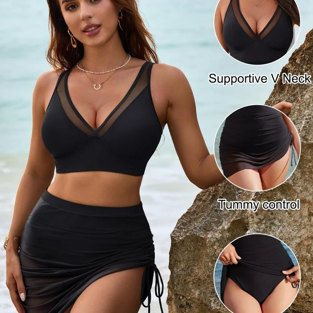 Women's High Waist Bikini Set Swim Dress With Mesh Sarong Wrap Skirt Tummy Control Bathing Suit Modest Beach Cover Up Tankini Sw