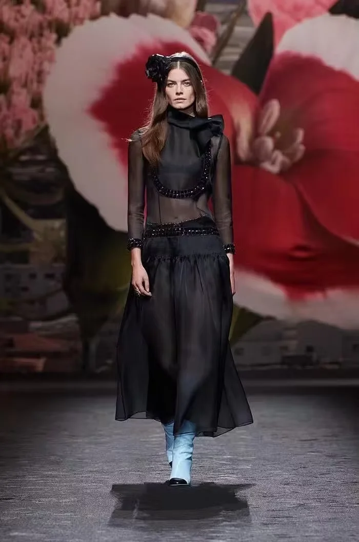 Runway Luxury 100% Real Silk Black Maxi Dress Women Heavy Beaded Evening Gown