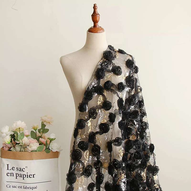 

1yard floral hot stamping mesh tissus fabric Classic black rose lace sewing Customized clothing dresses fabric for material