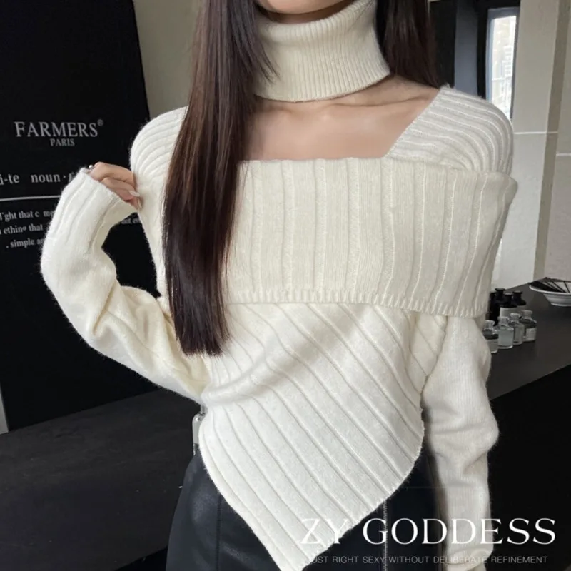 New French Fashion Autumn Knitted Sweater Women Mature Irregular Halter Elegant Slim Wool Cashmere Pullover Top Knitwear