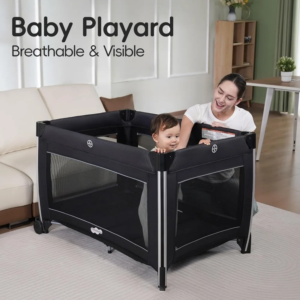 4 in 1 Baby Playpen with Bassinet Changing Station Portable Crib Breathable Mesh Net Safety Side Walls and Detachable Hanging 3
