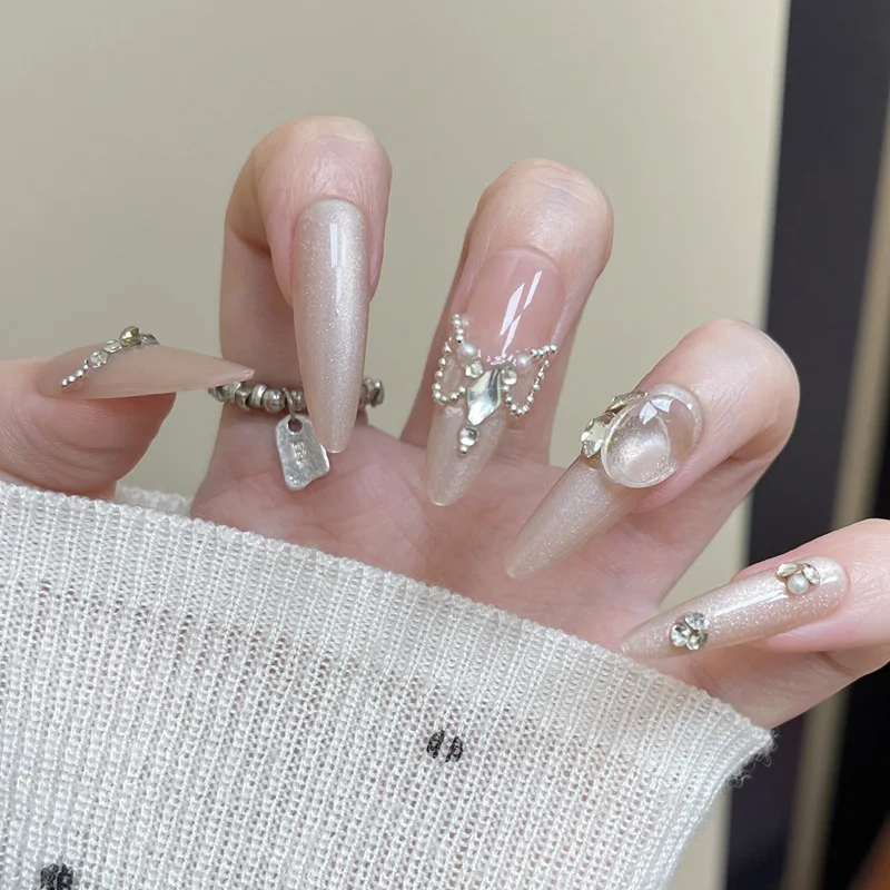 24PCS Cat Eye Mandel Falsche Nägel 3D Schmetterling Glitzer Perle für Spice Girls Gefälschte Nägel Acryl Tragbare Maniküre Nagel mit Design