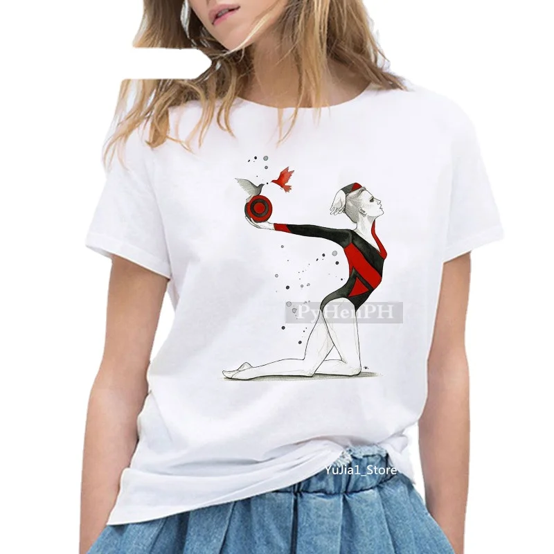 

New Elegant Ballet Printed Short Sleeve T-shirt Women's Summer Loose Parent-child Dress Student Girls Fitness Sports T Shirt Tee