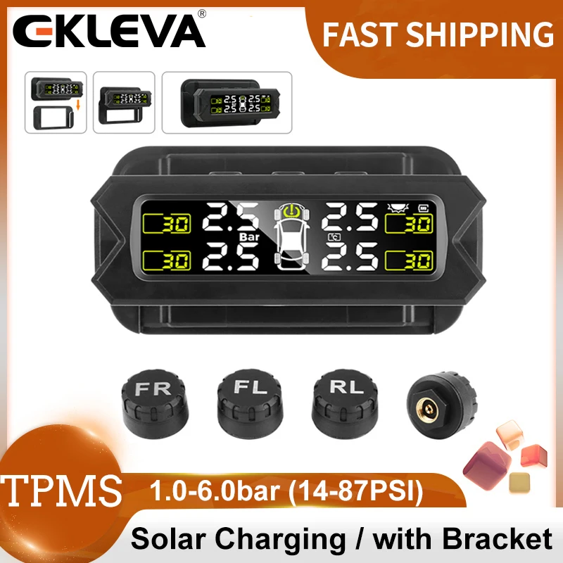 

EKLEVA Car TPMS Tire Pressure Alarm Monitoring System Solar Power Charge TPMS Add Bracket Adjust the Brightness IP68 Waterproof