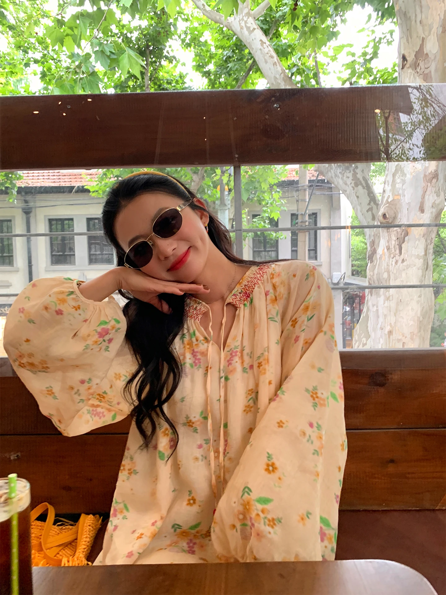 

New Chinese Sle Loose Linen Overhead irt Summer 2025 Thin Floral Print Women's Long Sve V-Ne Casual Faion Top