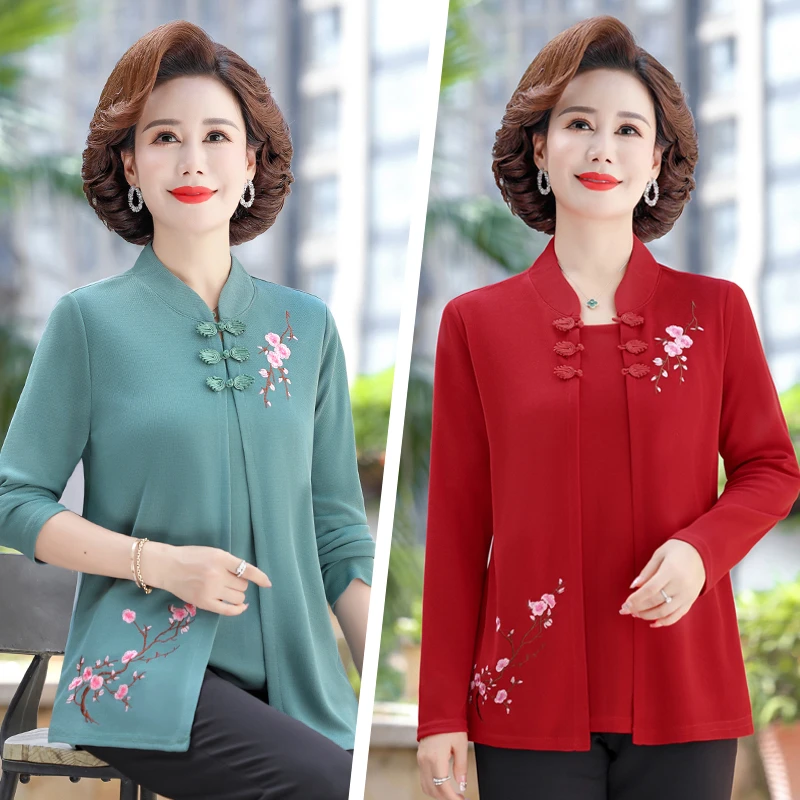 Long Sleeve Shirt Fake Two Piece Autumn Middle-aged Mothers knitting embroidery solid color Knitted Casual Loose Top