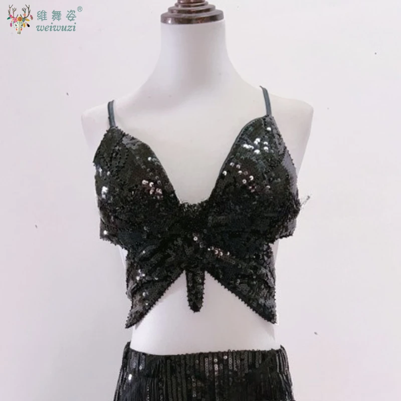 Buikdans Oefenkleding Vrouwen Backless Pailletten Vlinder Camis Tank Top + Kwastje Hippe Sjaal Accessoires Volwassen Jazzdans Set