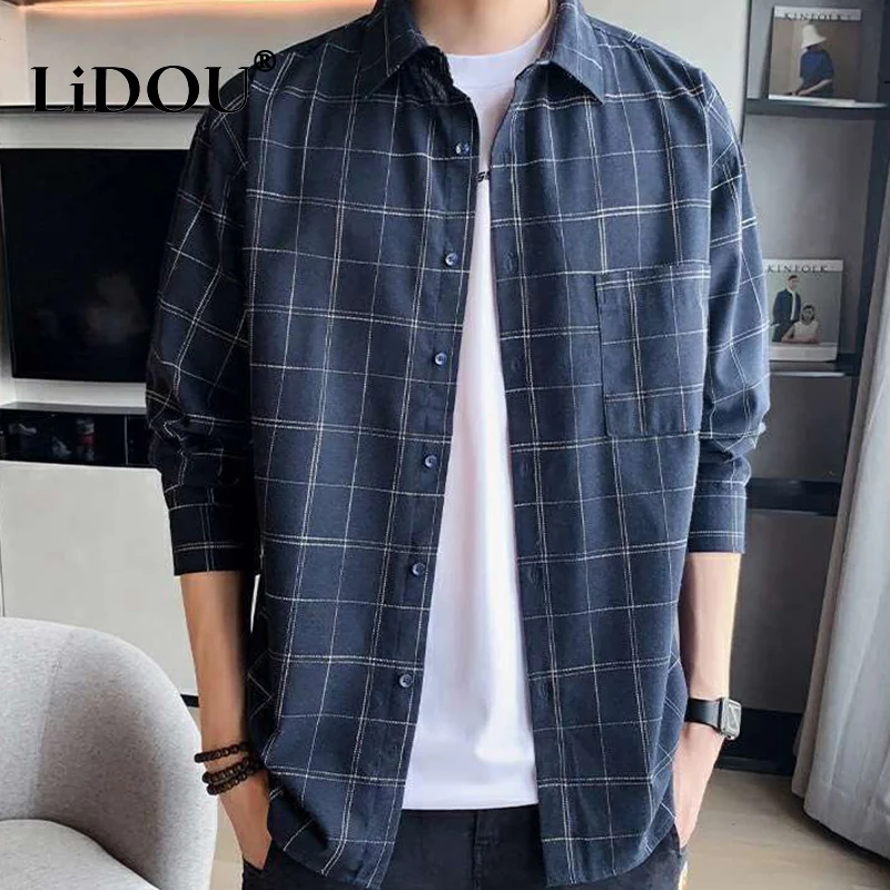 

Spring Autumn Fashion Temperament Korean Plaid Blouse Man Handsome Simple Shirt Loose Casual All Match Tops Streetwear Clothes