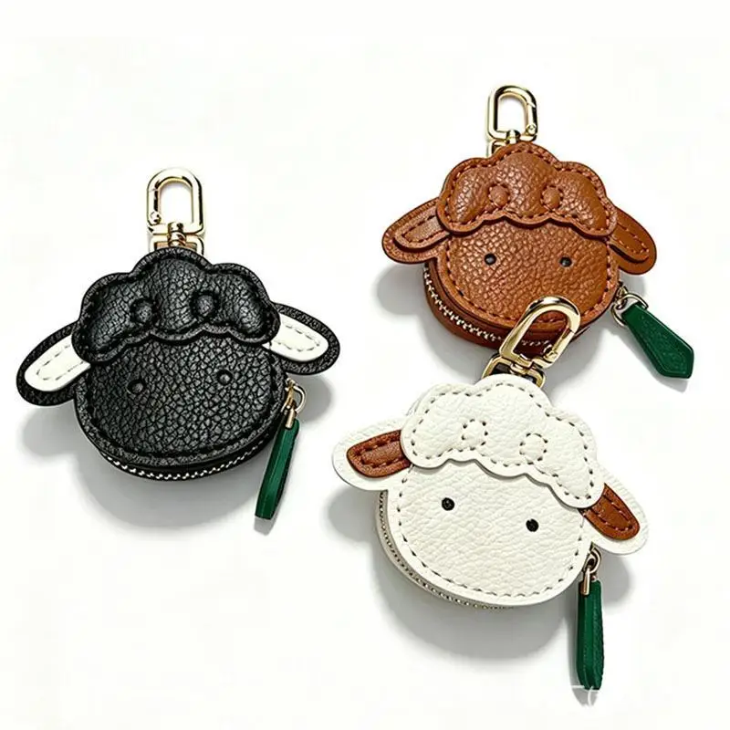 Sheep Shaped PU Leather Mini Coin Purse Keychain Scratch-resistant Durable Pouch for Bag Hanging Outdoor Daily Use