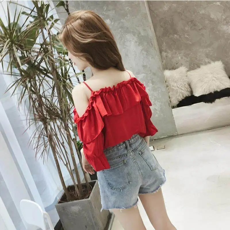 Off Shoulder Tops Women Short Sleeve Red Blouse Korean Style Summer Fashion Casual Shirt