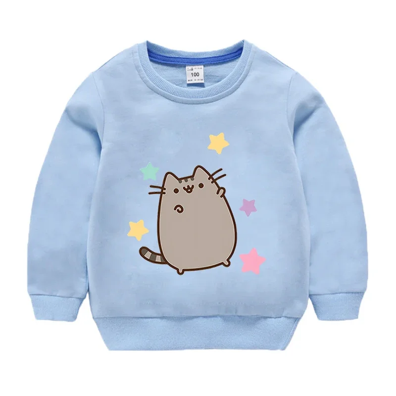 Fat Cat Pusheens Boy Girl Pullover Cartoon Print Child Cute Cotton Thin Tee Sweatshirt Long Sleeve Toddler Autumn Casual Clothes