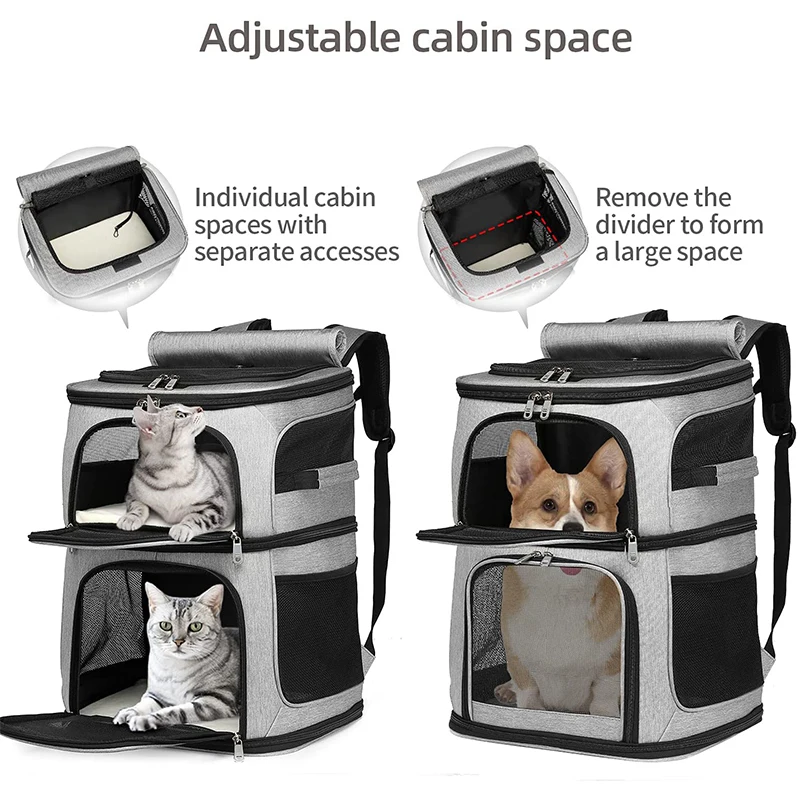 Mochila transportadora de animais de estimação com compartimento duplo para cães pequenos e 2 gatos, design super ventilado, mochila para gatos ao ar livre, bolsas para cães