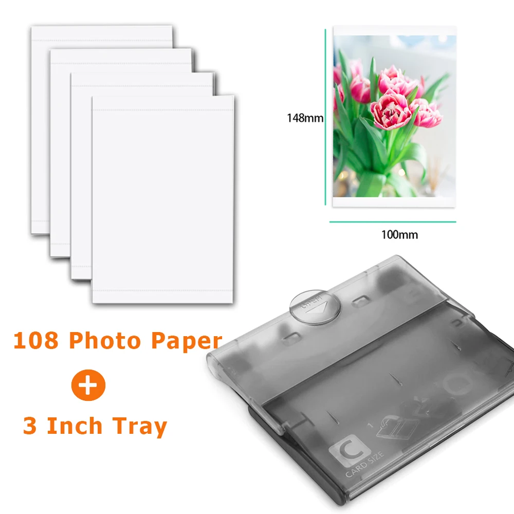 108PCS Photo + 3inch Tray KP108in Compatible 4\'\'x6\'\' CP1300 CP1500 CP1200 CP1000 CP910 KC108IN Card Size Paper