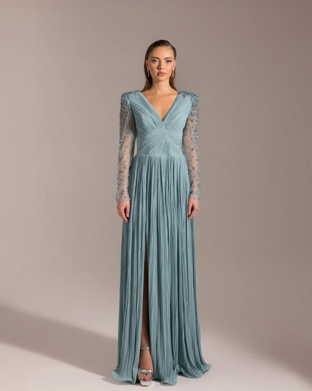 

Customized Intricate Sparkle Luxury Chiffon Pleat Draped Beading Sequined A-line V-neck Long Dresses Evening Dresses