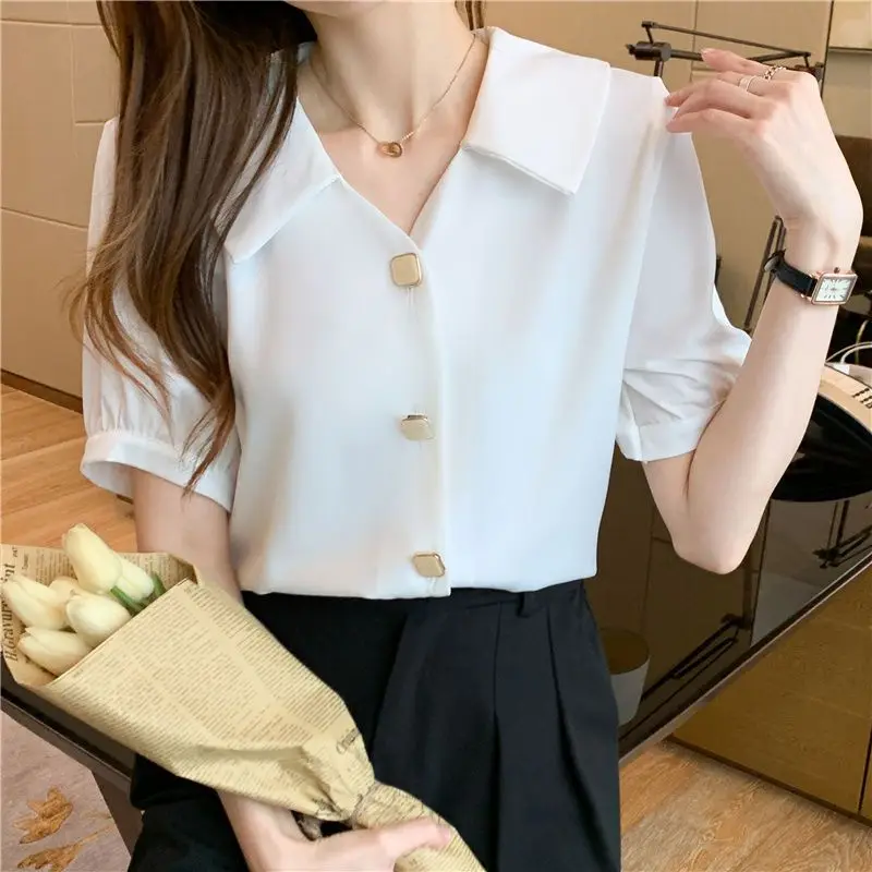 Summer Chiffon Solid Color Bubble Sleeve Shirt for Women's Loose Slimming Simply Temperament Shirt Short Sleeve Professional Top