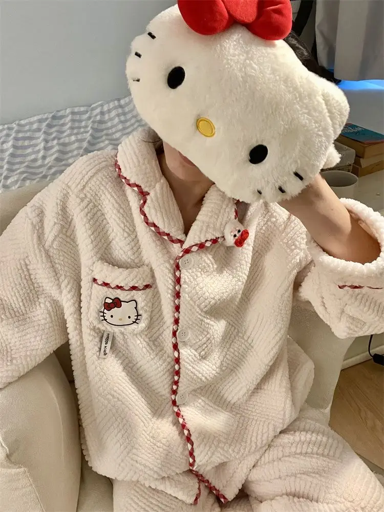 Женский зимний жаккардовый флисовый пижамный комплект Hello Kitty 2025, плюшевая термоуютная одежда для сна и домашняя одежда для дома, мягкая теплая одежда